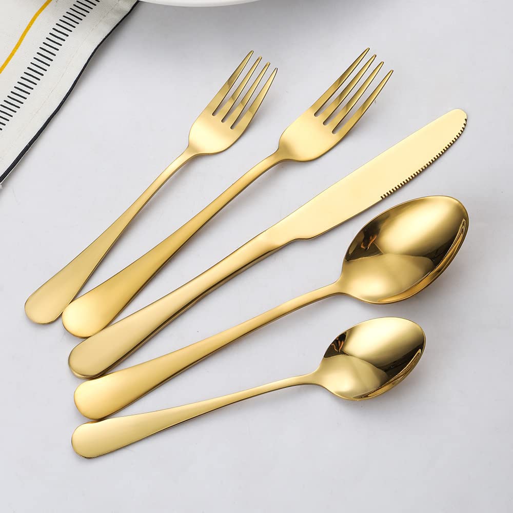 A · HOUSEWARE Gold Silverware Set 12 Stainless Steel Flatware Set 60 Piece Spoon Fork Knives Round Wide Handle Proper Weight Dishwasher Safe Gatherings Festival Parties