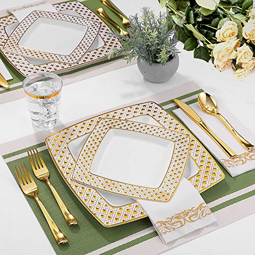 175 Piece Gold Dinnerware Set 25 Guest-50 Diamond Square Plastic Plates-25 Gold Plastic Silverware-25 Gold Plastic Cups-25 Linen Like Gold Paper Napkins, FOCUSLINE Disposable Dinnerware Set