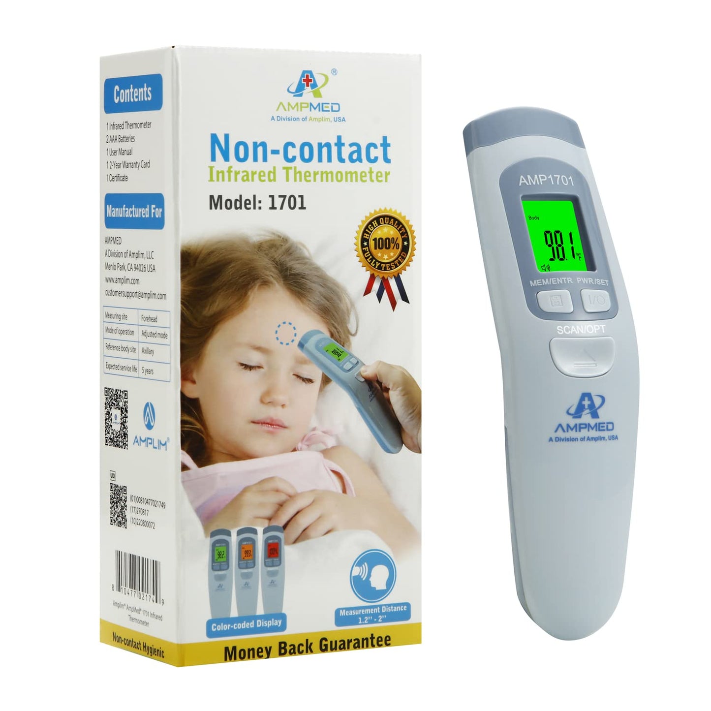 Amplim Non-Contact Forehead Thermometer for Kids and Adults - Touchless Fever Thermometer with Temporal Head Function – AmpMed No-Touch Digital Baby Thermometer for Accurate Temperature Reading