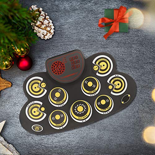 Electronic Drum Set Kids Foldable Practice Drum Pad Rechargeable Drum Kit, Built in Speakers Foot Pedals,Drum Sticks, Birthday Gift for Beginners (Yellow)