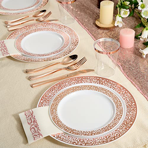 175 Piece Rose Gold Dinnerware Set 25 Guest-50 Rose Gold Lace Plastic Plates-25 Plastic Silverware-25 Plastic Cups-25 Linen Like Paper Napkins, FOCUSLINE Disposable Dinnerware Set