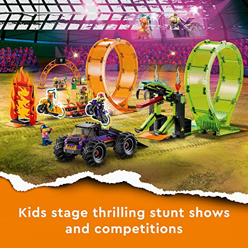 LEGO City Stuntz Double Loop Stunt Arena 60339, Monster Truck Playset with 2 Toy Motorcycles, Ramp, Wall of Flames, Ring of Fire, Snapping Snake Loop and 7 Minifigures, for Kids Ages 7 Plus