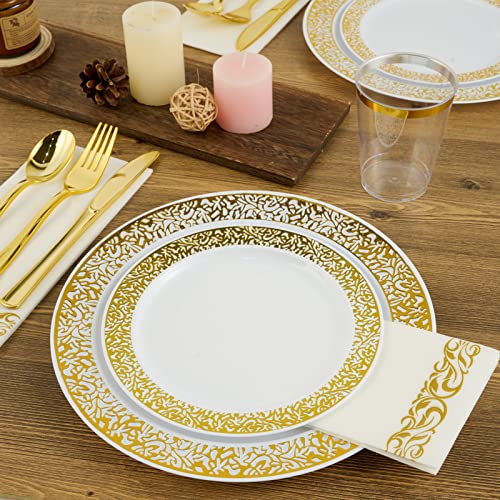 175 Piece Gold Dinnerware Set 25 Guest-50 Gold Lace Plastic Plates-25 Gold Plastic Silverware-25 Gold Plastic Cups-25 Linen Like Gold Paper Napkins, FOCUSLINE Disposable Dinnerware Set