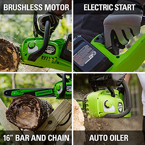 Greenworks 2 x 24V (48V) 16" Brushless Cordless Chainsaw (Great For Tree Felling, Limbing, Pruning, and Firewood / 125+ Compatible Tools), (2) 4.0Ah Batteries and Dual Port Rapid Charger Included