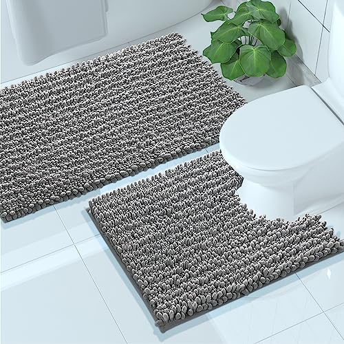 Yimobra Luxury Bathroom Rugs Sets 2 Piece, Soft U-Shaped Contour Toilet Rug and Fluffy Chenille Bath Rug, Non-Slip Absorbent Bath Floor Mat Carpet Set, Machine Washable, 31x20+24x20 Inch Grey