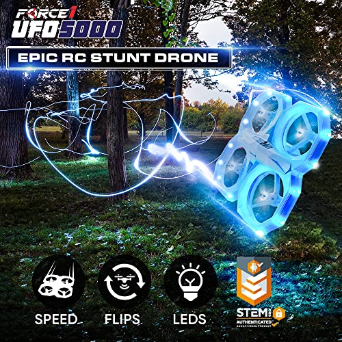 Force1 UFO 5000 Mini Drone for Kids - LED Remote Control Drone Flying Toy, Small RC Quadcopter for Beginners with Leds, 2.4 GHz Remote Control, 360 Flips, 11 LED Modes, 3 Speeds, 2 UFO Drone Batteries