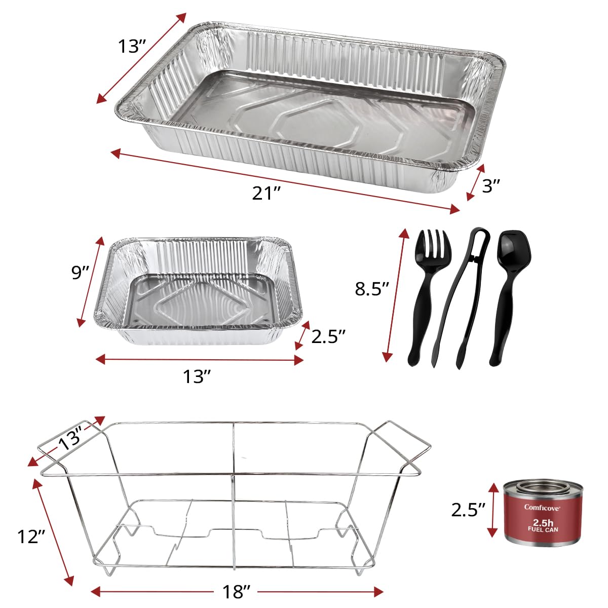 Disposable Chafing Dish Buffet Set, 33 Piece of Chafing Servers with Food Warmers, Covers, Half-Size Food Pans, Water Trays, Serving Utensils, Foil Lids and 2.5H Fuel Cans for Parties, Catering