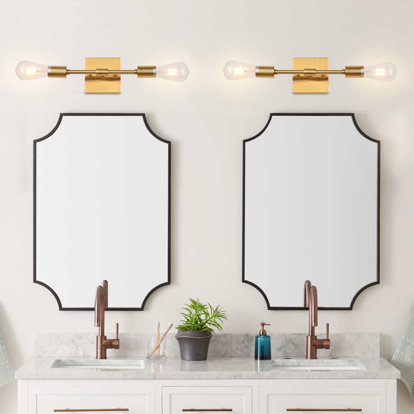 Lanhall Gold Bathroom Light Fixtures, 2 Light Mid Century Modern Bathroom Vanity Lighting Brushed Brass Wall Sconce Lights for Bathroom, Mirror, Bedroom, Living Room, Hallway, Entryway E26 Base