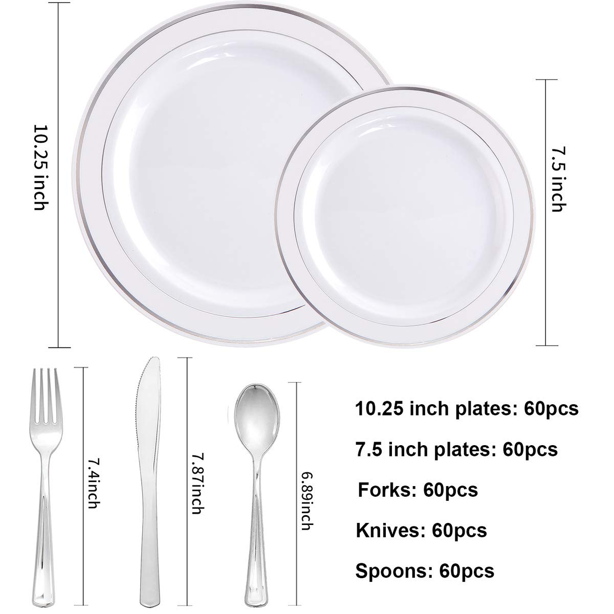 I00000 300 Pieces Silver Plastic Plates with Disposable Silverware, Fancy Tableware Sets include 60 Dinner Plates 10.25", 60 Salad Plates 7.5", 60 Forks, 60 Knives and 60 Spoons Serve for 60 Guest