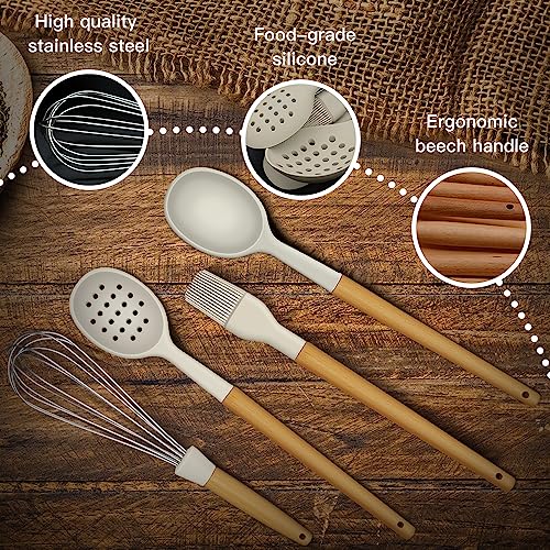 Kitchen Cooking Utensils Set, 14 Non-Stick Silicone Cooking Kitchen Utensils Spatula Set with Holder, Wooden Handle Silicone Kitchen Gadgets Utensil Set for Nonstick Cookware (Khaki)