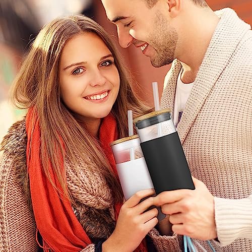 HeroFiber 20 oz Glass Tumbler with Straw and Lid, Bamboo Lids Water Bottle, Iced Coffee Cup Reusable, Straw Silicone Protective Sleeve – 2 Amber & 2 Black