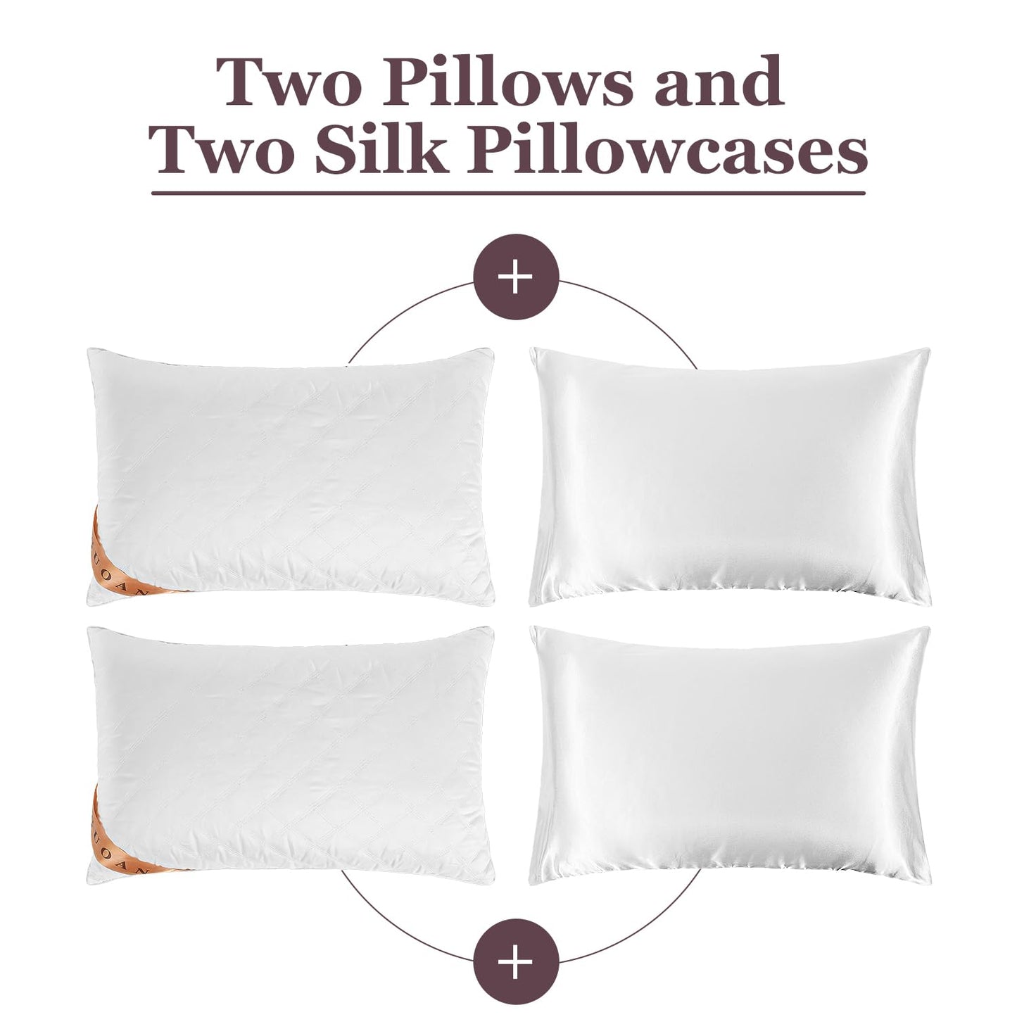GUOAN Bed Pillows Include 2 Silk Pillowcases Queen King Size, Set of 2, Cooling Hotel Pillow Quality, for Back, Stomach or Side Sleepers (Queen, White)