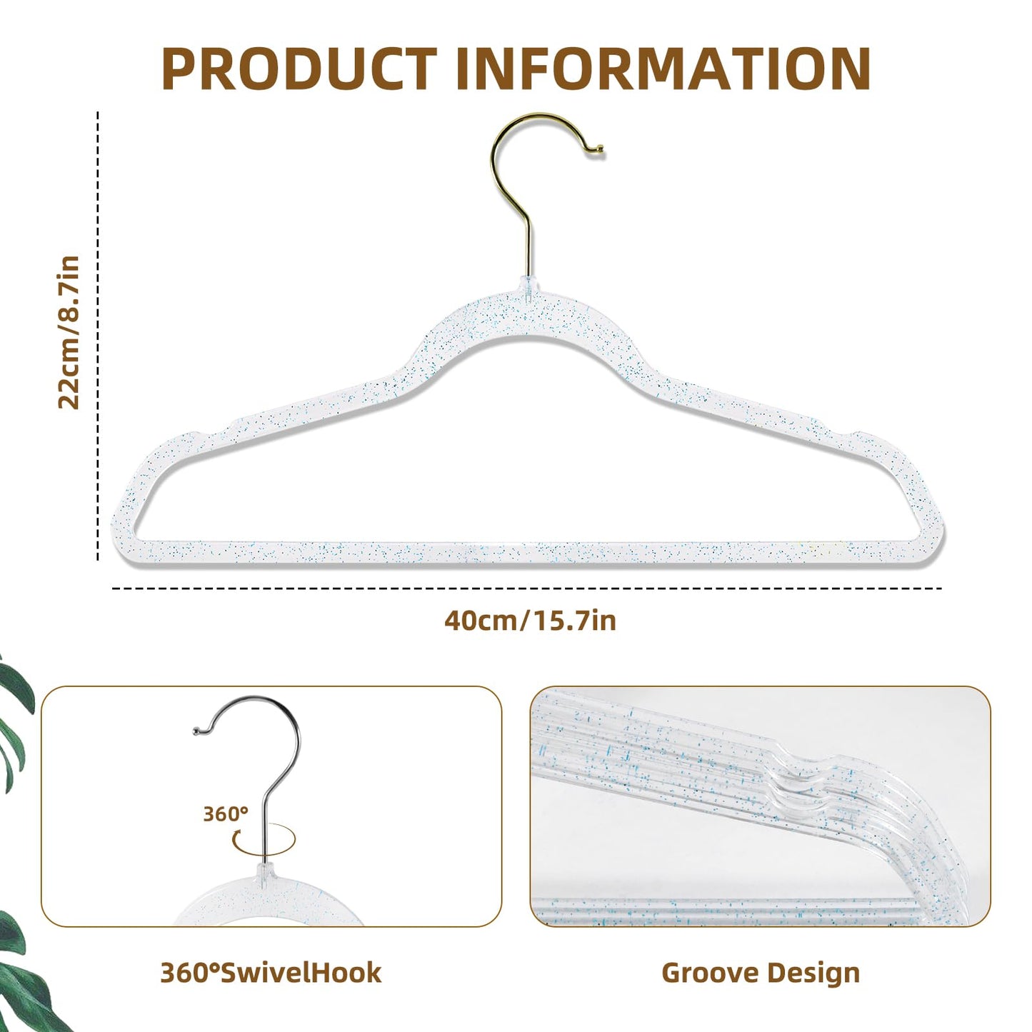 Clear Plastic Hangers 20 Pack - Non-Slip Coat and Clothes Hangers with Bling Glitter for Weddings - Lightweight and Space Saving Hangers for Closet Organization (Blue Glitter)