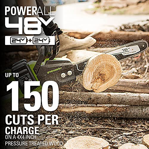 Greenworks 2 x 24V (48V) 16" Brushless Cordless Chainsaw (Great For Tree Felling, Limbing, Pruning, and Firewood / 125+ Compatible Tools), (2) 4.0Ah Batteries and Dual Port Rapid Charger Included