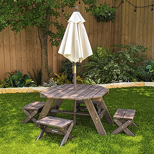 KidKraft Wooden Octagon Table, Stools & Umbrella Set, Kids’ Outdoor Furniture, Gift for Ages 3-8, Amazon Exclusive