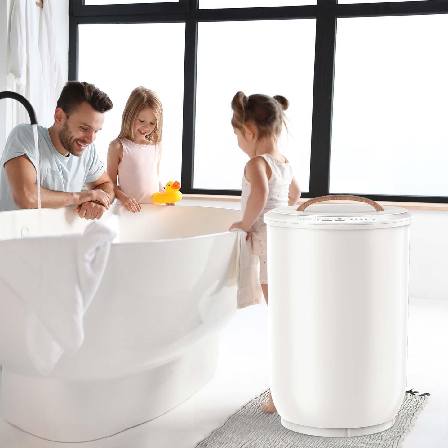 FLYHIT Large Towel Warmer for Bathroom - Heated Towel Warmers Bucket, Wood Handle, Auto Shut Off, Fits Up to Two 40"X70" Oversized Towels, Bathrobes, Blankets, PJ's and More