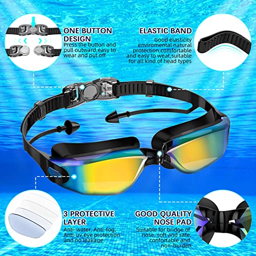 Swimming Goggles,Swimming Goggles Connected to Earplugs +Nose Clips+Elastic Swimming Caps, Swimming Goggles No Leaking Full Protection Adult Men Women Youth (yellow&blue)