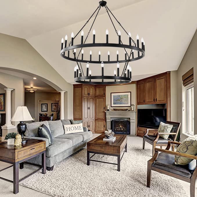 48 Inch Black Wagon Wheel Chandelier,2 Tier 36-Lights Extra Large Round Farmhouse Pendant Light Fixture Rustic Hanging Lighting outdoor modern wheel chandelier for porch, high Ceilings Dining Room