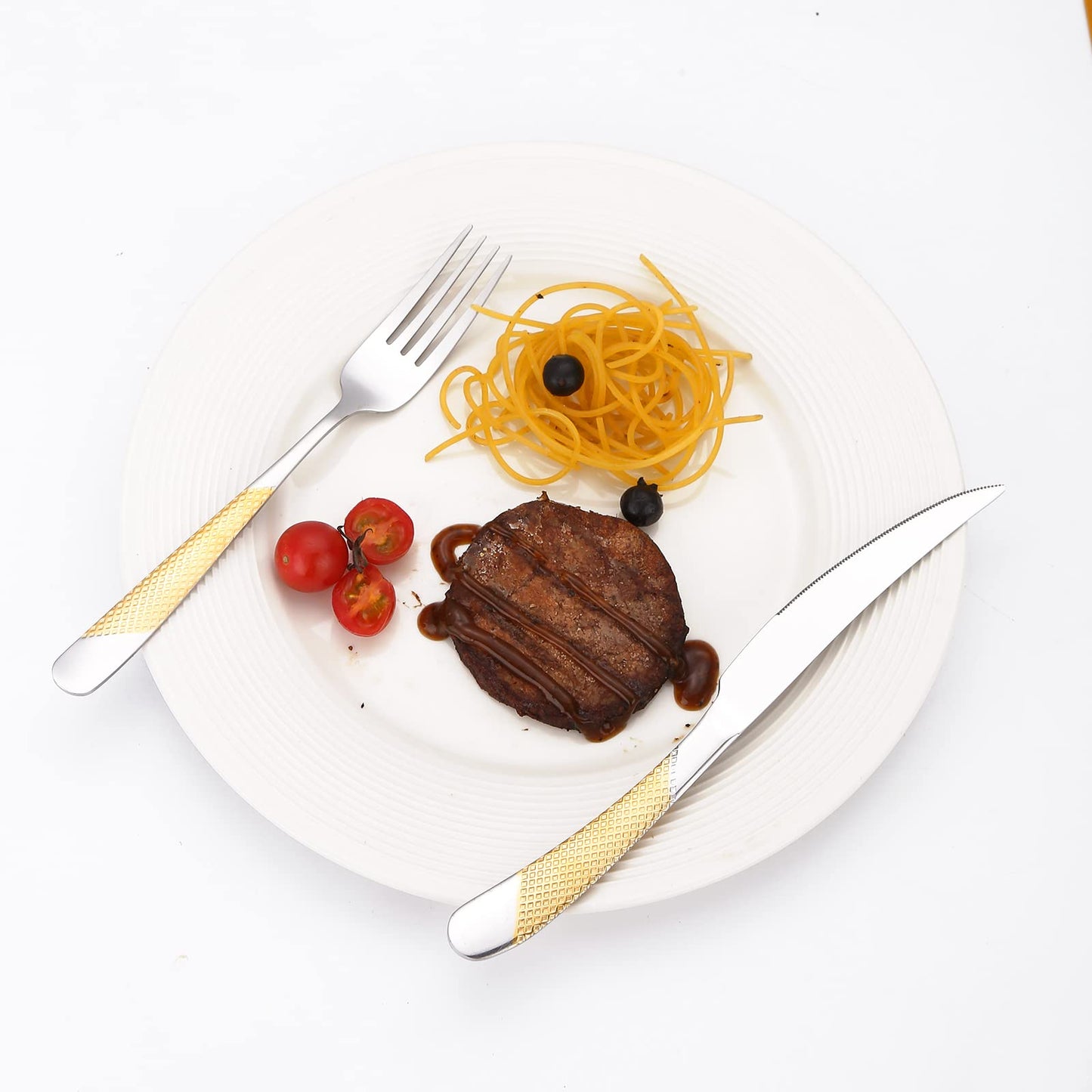 A·HOUSEWARE Hammered Silverware Set Gold and Silver 20 Pieces Stainless Steel Cutlery Flatware Sets for 4 Forks Spoons with Patten Handle Dishwasher Safe Heavy Duty