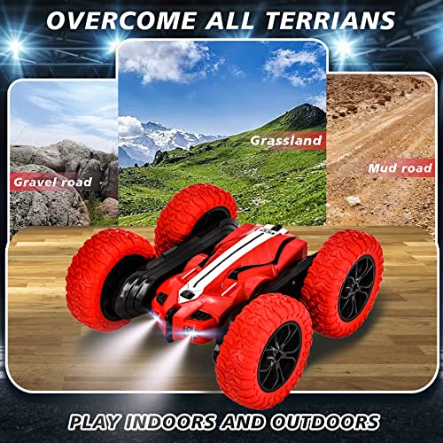 IVGUI Kids Remote Control Car for Boys, Indoor & Outdoor RC Cars Toys, Double-Sided Flip & 360° Rotating RC Car, 4WD 2.4Ghz RC Stunt Car with Headlights, 2 Rechargeable Batteries, Red
