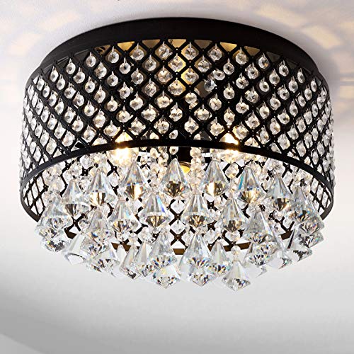 JONATHAN Y JYL6143A Evelyn 17" 3-Light Crystal Drops/Metal LED Flush Mount, Classic, Transitional, Traditional, Glam, Dimmable, 2700K Warm Light Kitchen,Hallway,Bathroom,Stairwell, Black/Clear