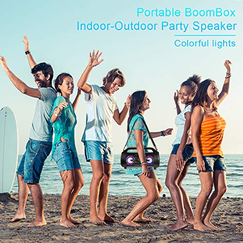 Bluetooth Speaker, 30W Portable Bluetooth Boombox with Subwoofer, FM Radio, RGB Colorful Lights, EQ, Stereo Sound, Booming Bass, 10H Playtime Wireless Outdoor Speaker for Home, Party, Travel, Camping