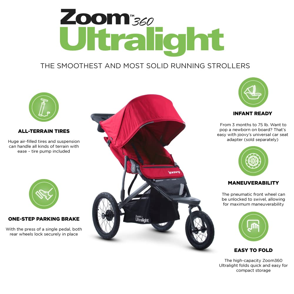 Joovy Zoom360 Ultralight Jogging Stroller Featuring High Child Seat, Shock-Absorbing Suspension, Extra-Large Air-Filled Tires, Parent Organizer, Air Pump, and Easy One-Hand Fold (Red)