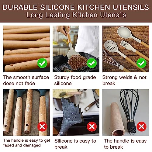 Kitchen Cooking Utensils Set, 14 Non-Stick Silicone Cooking Kitchen Utensils Spatula Set with Holder, Wooden Handle Silicone Kitchen Gadgets Utensil Set for Nonstick Cookware (Khaki)