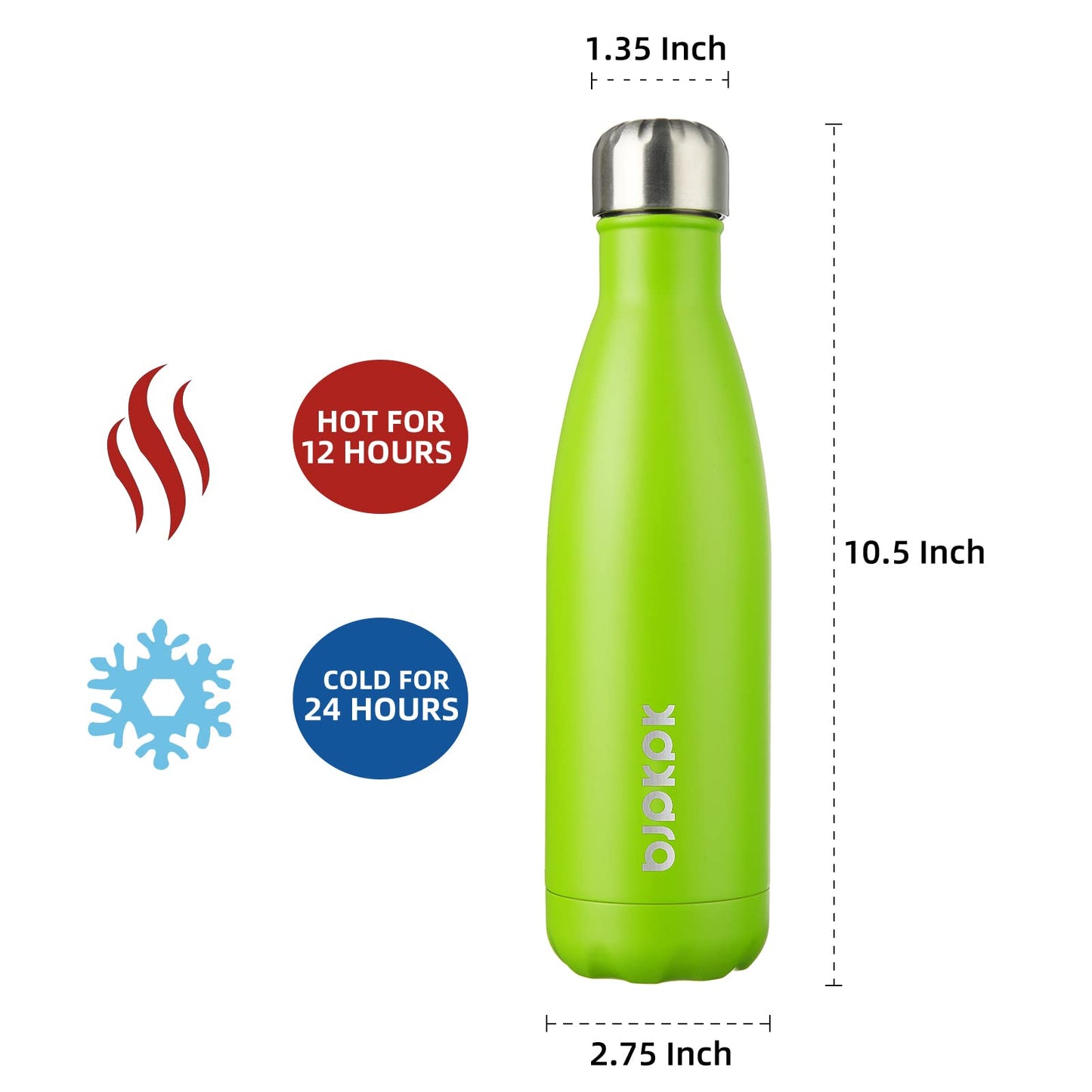 BJPKPK Insulated Water Bottles -17oz/500ml -Stainless Steel Water bottles,Sports water bottles Keep cold for 24 Hours and hot for 12 Hours,BPA Free kids water bottles for School- Green