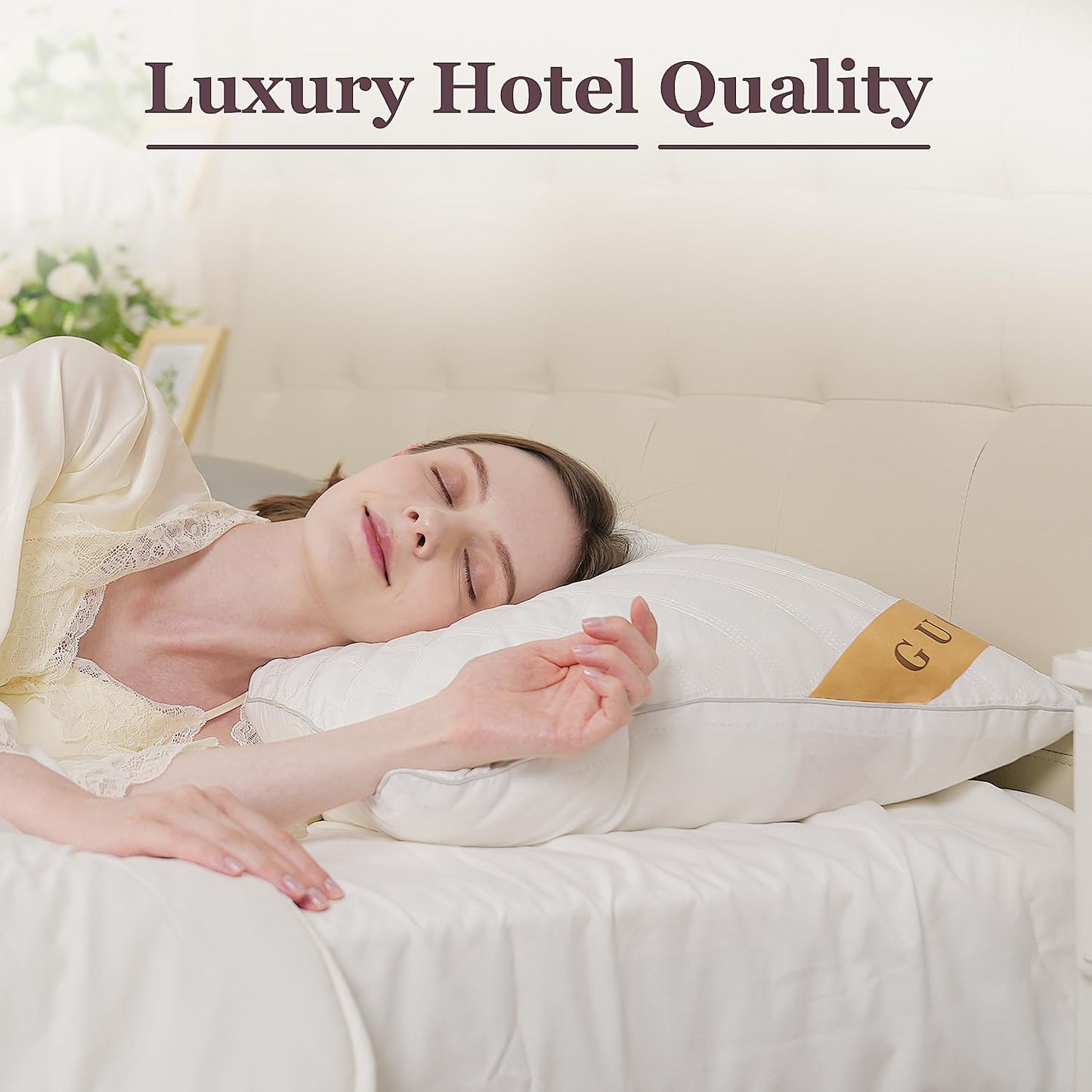 GUOAN Bed Pillows Include 2 Silk Pillowcases Queen King Size, Set of 2, Cooling Hotel Pillow Quality, for Back, Stomach or Side Sleepers (Queen, White)