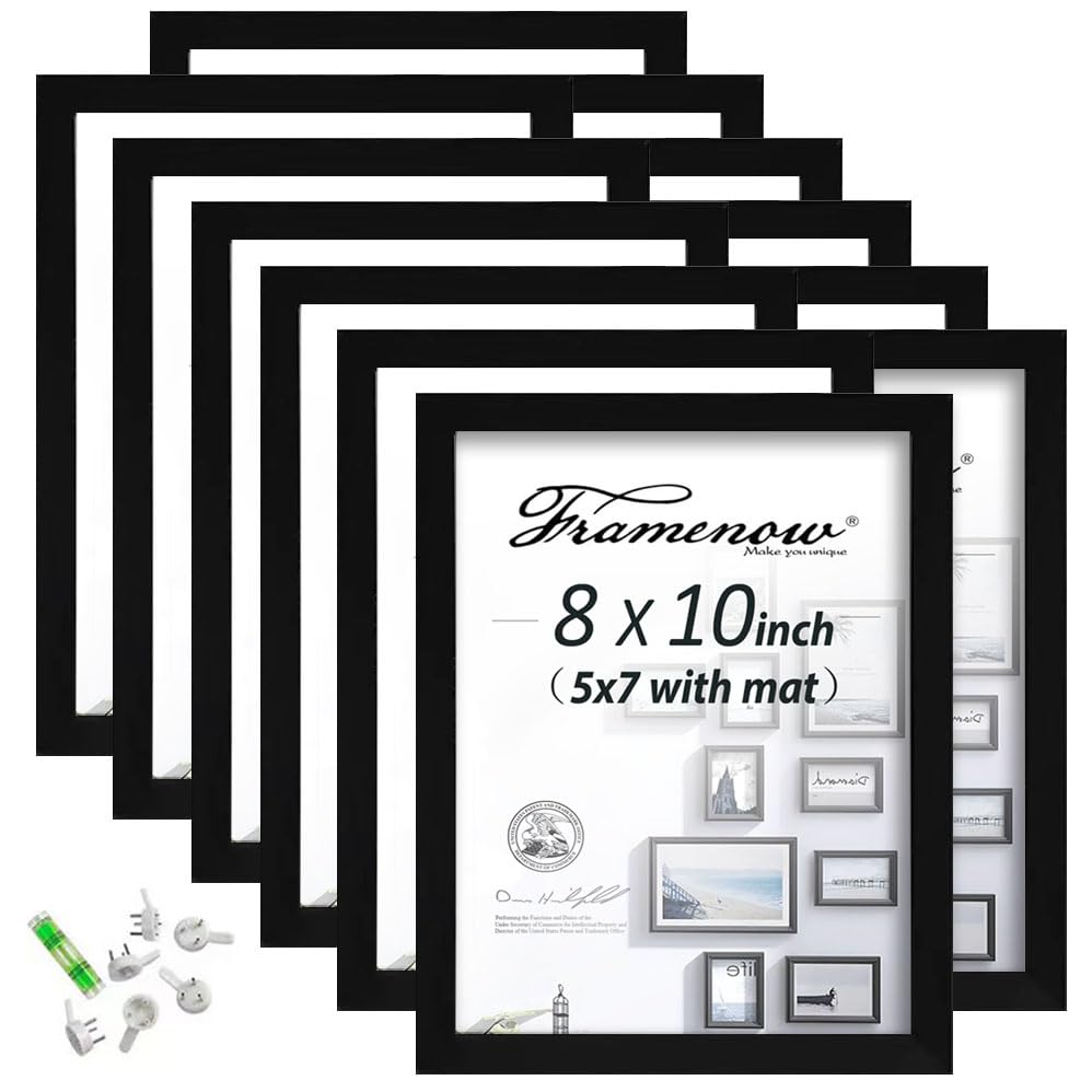 Framenow 8x10 Picture Frame Set of 12, Display 5x7 with Mat or 8x10 Without Mat, Horizontal or Vertical Display,To Wall and Tabletop Mounting Photo Frames,Black.