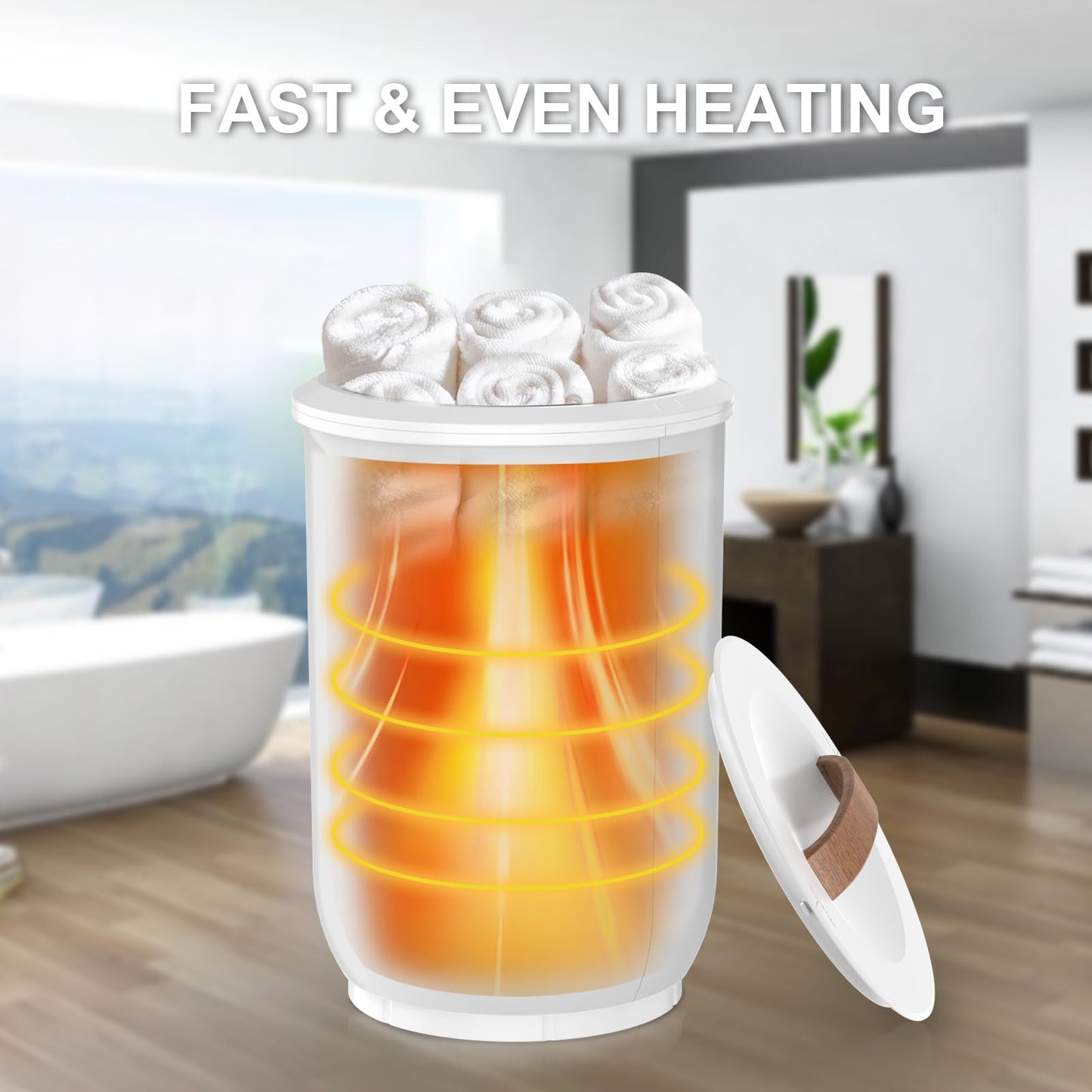 FLYHIT Large Towel Warmer for Bathroom - Heated Towel Warmers Bucket, Wood Handle, Auto Shut Off, Fits Up to Two 40"X70" Oversized Towels, Bathrobes, Blankets, PJ's and More