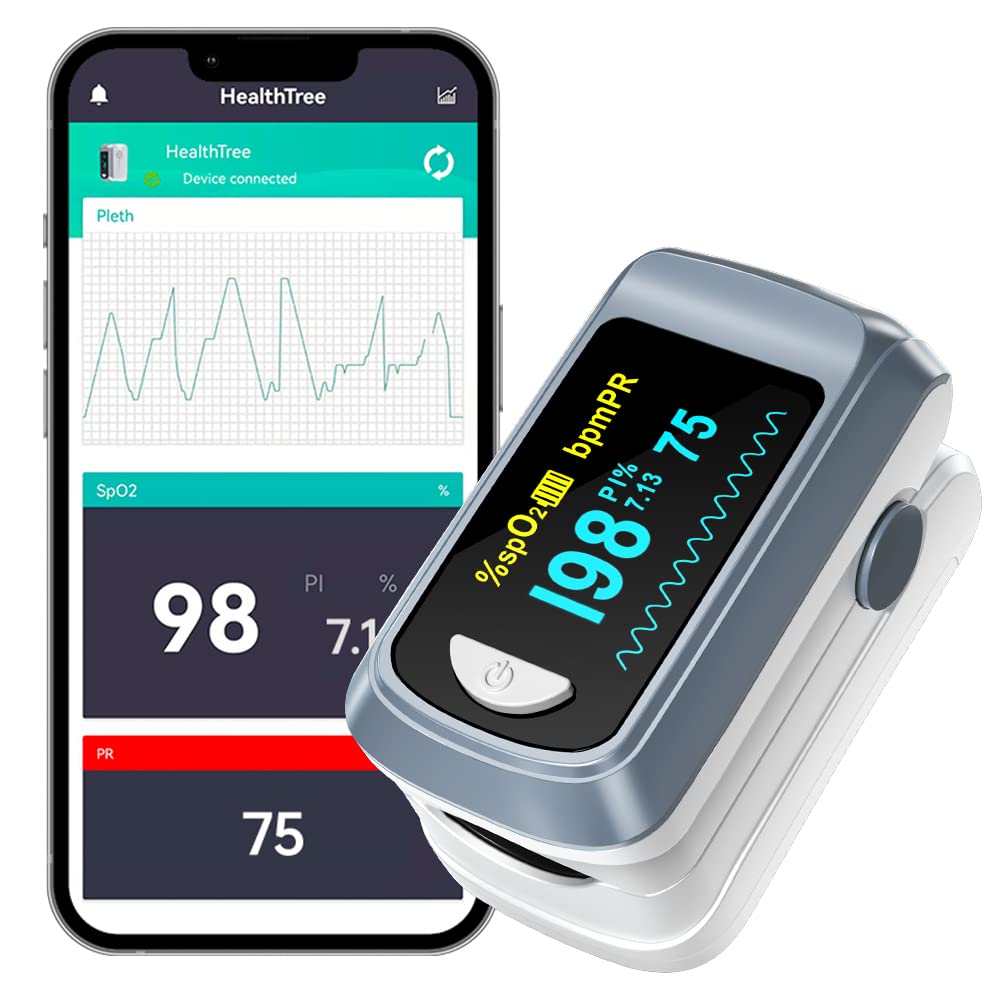 HealthTree Bluetooth Pulse Oximeter Fingertip, Blood Oxygen Saturation Monitor and Heart Rate Monitor with Free APP, for Apple and Android, 2 X AAA Batteries, Lanyard