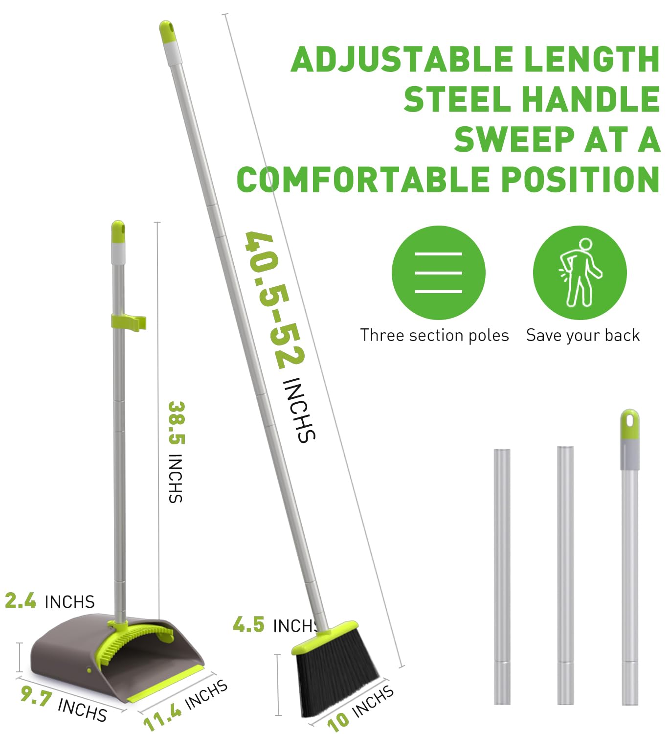 Broom with Dustpan Combo Set, Broom with Stand Up Dustpan, Broom and Dust Pan Set with Long Handle