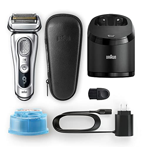 Braun Electric Razor for Men, Waterproof Foil Shaver, Series 9 9390cc, Wet & Dry Shave, With Pop-Up Beard Trimmer for Grooming, Cleaning & Charging SmartCare Center and Leather Travel Case, Silver