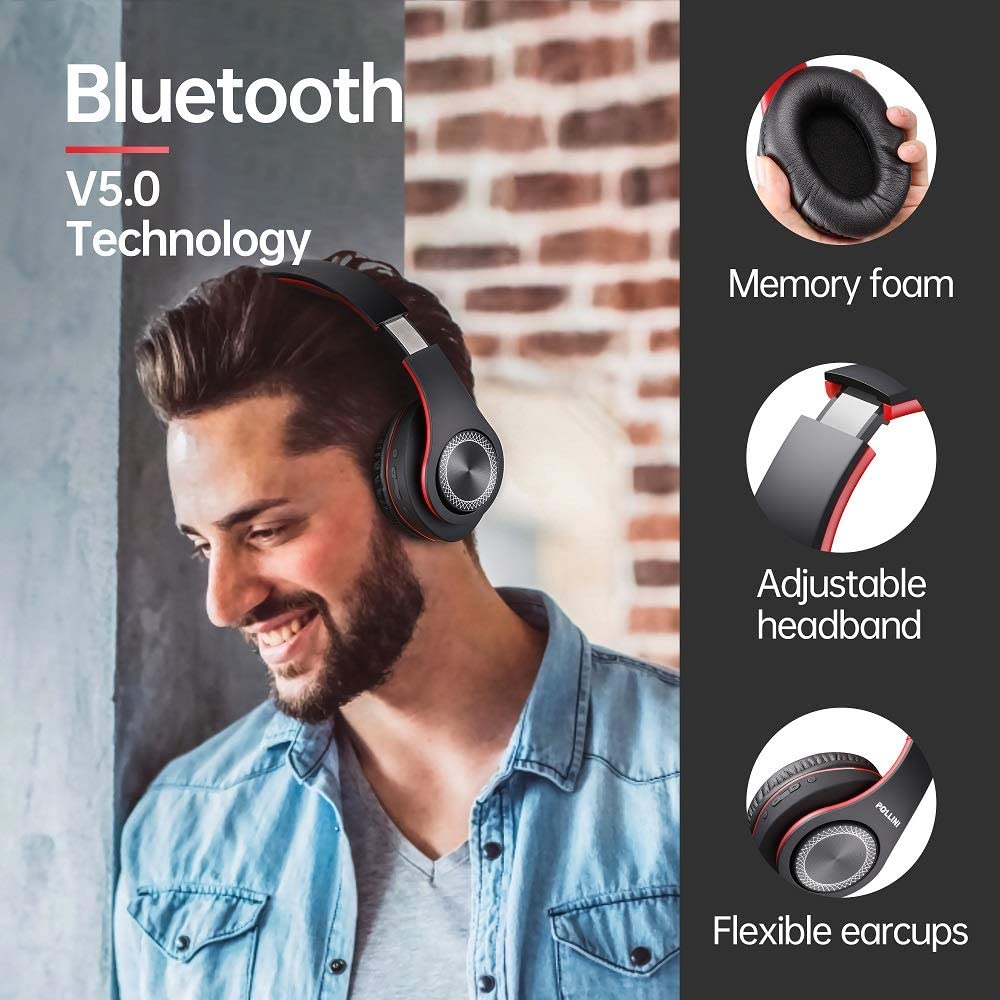 Bluetooth Headphones Wireless, pollini 40H Playtime Foldable Over Ear Headphones with Microphone, Deep Bass Stereo Headset with Soft Memory-Protein Earmuffs for iPhone/Android Cell Phone/PC(Black-Red)