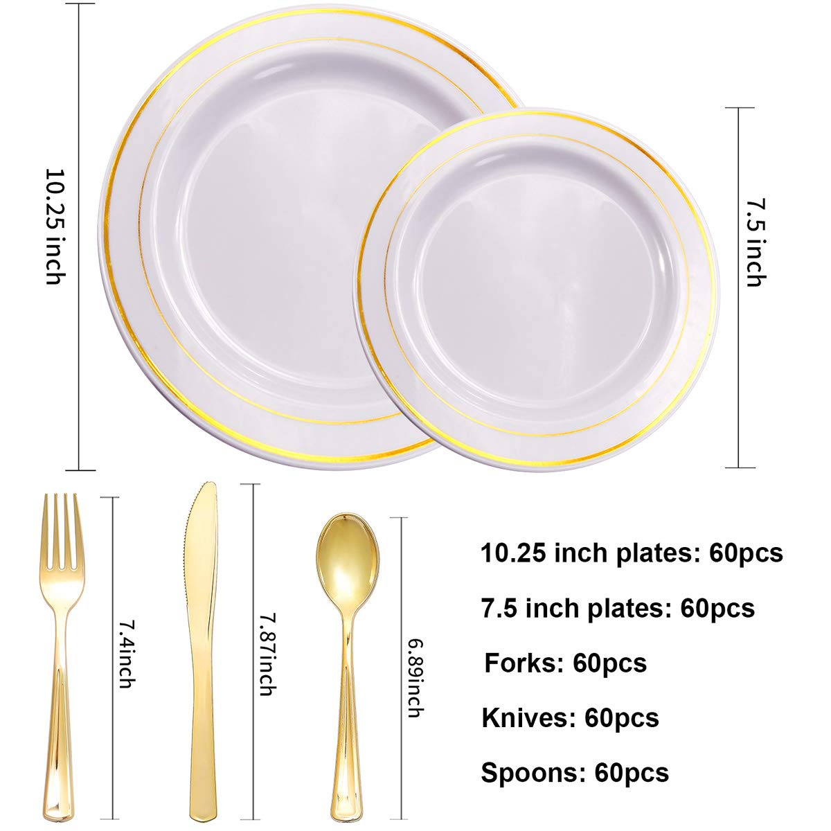 I00000 300 Pcs Gold Plastic Plates with Gold Silverware, White&Gold Plastic Dinnerware Set for Party include: 60Dinner Plates 10.25", 60Dessert Plates 7.5", 60 Gold Silverware Sets