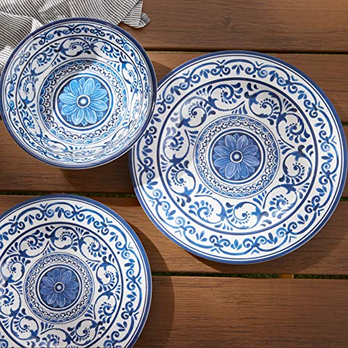 Amazon Basics Melamine Dinnerware Set, Service for 4, Traditional Blue and White - Set of 12