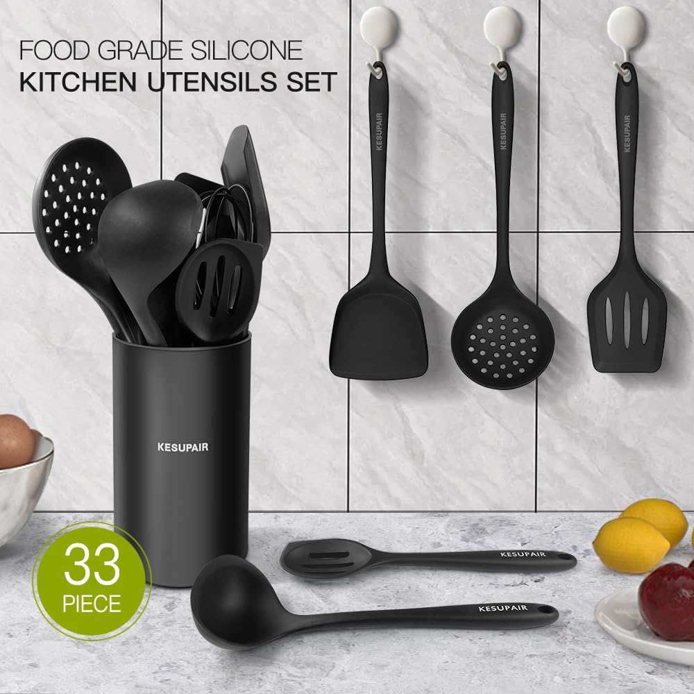 Kitchen Utensils Set - 446°F Heat Resistant Silicone Cooking Utensils Set-Kitchen Tools and Gadgets for Cooking Nonstick Cookware (Black)