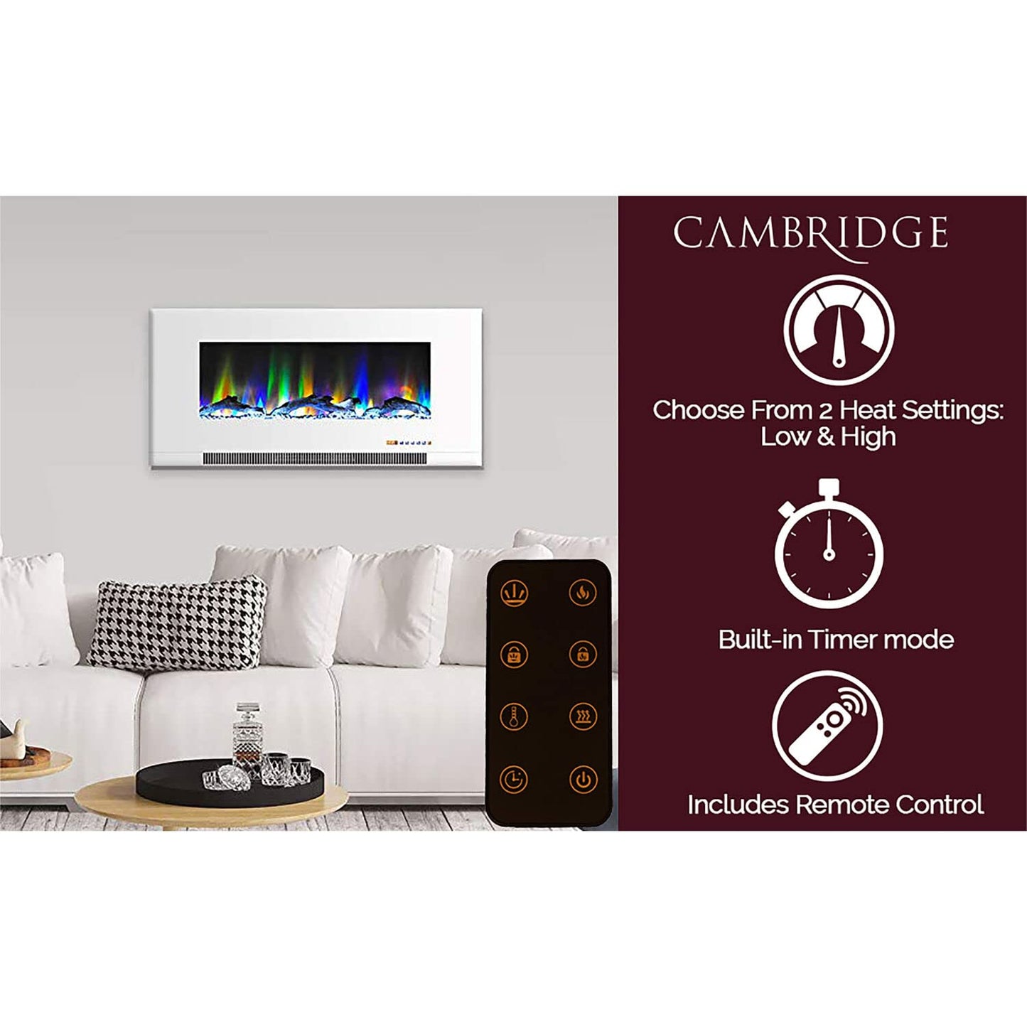 Cambridge 42 In. Electric Wall Mounted Fireplace Heater in Black with Multi-color Flame Driftwood Log Display, Adjustable Heat, Remote