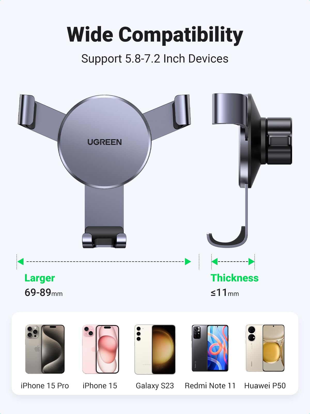 UGREEN Car Phone Holder Air Vent Gravity Car Phone Mount Aluminum Cradle Compatible with iPhone 15 14 13 12 11 Pro Max Mini Xs XR X, Space Grey