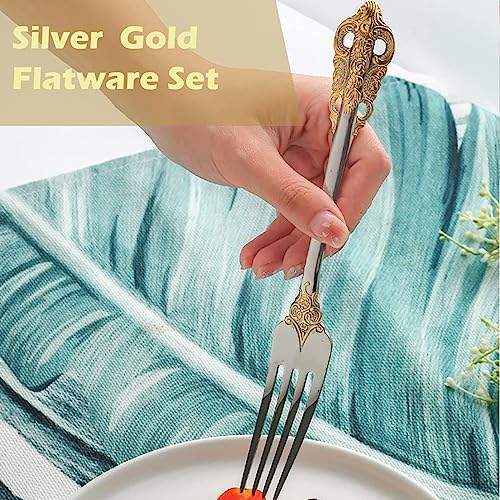 Runfly Gorgeous Baroque Silver Gold 18/10 Stainless Steel 20 Pieces Flatware Set, Anti-rust Stainless Steel Gold Cutlery Set Utensils Including Fork Spoon and Knife with Gift Box