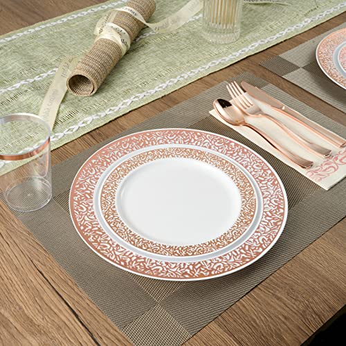 175 Piece Rose Gold Dinnerware Set 25 Guest-50 Rose Gold Lace Plastic Plates-25 Plastic Silverware-25 Plastic Cups-25 Linen Like Paper Napkins, FOCUSLINE Disposable Dinnerware Set
