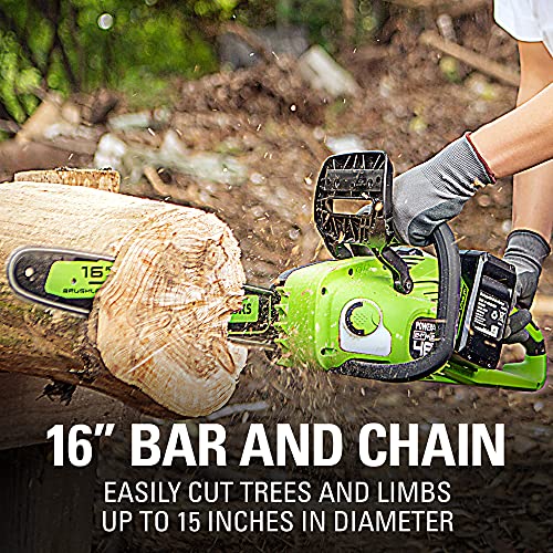 Greenworks 2 x 24V (48V) 16" Brushless Cordless Chainsaw (Great For Tree Felling, Limbing, Pruning, and Firewood / 125+ Compatible Tools), (2) 4.0Ah Batteries and Dual Port Rapid Charger Included