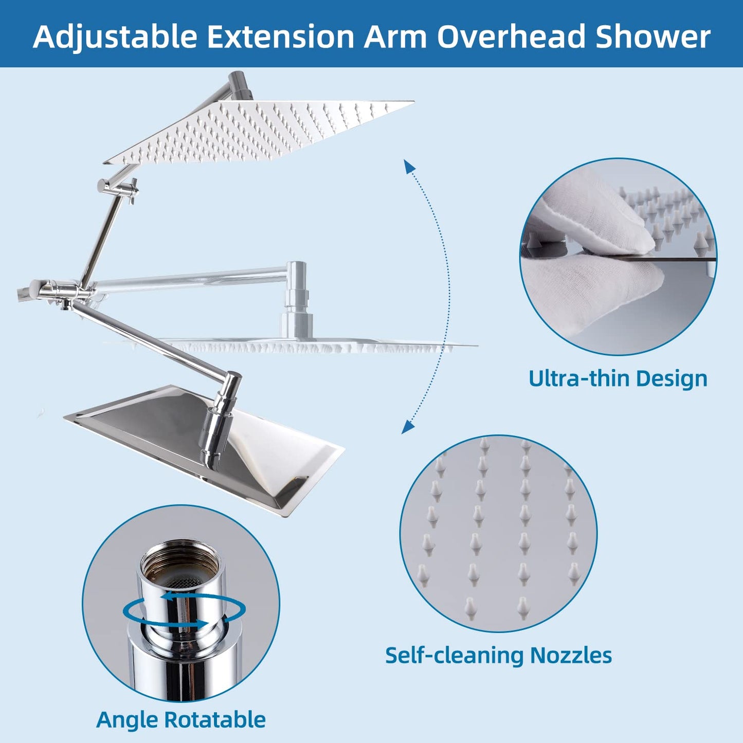 Hygie Rinse All Metal 10 Inches Rainfall Shower Head with 7-Spray Handheld Spray Combo, Adjustable Folded Extension Arm, 71 Inch Stainless Steel Shower Hose and 3 Settings Diverter, Chrome
