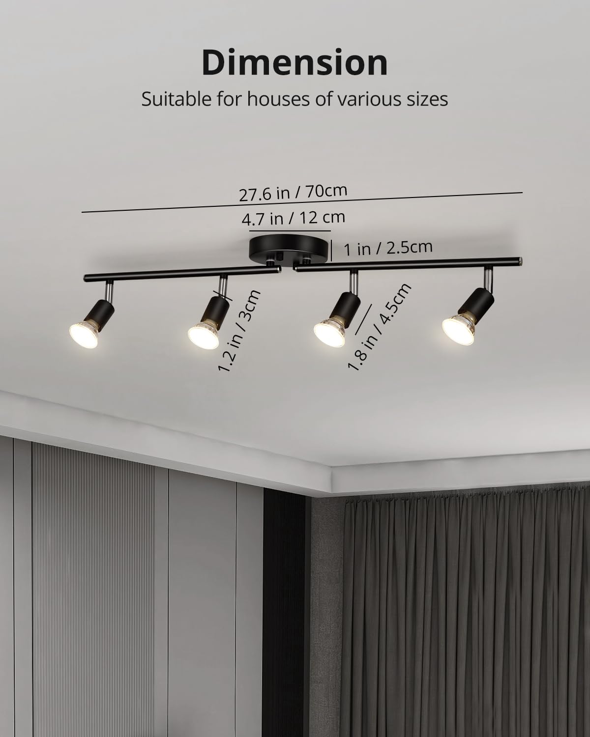 Bojim 4-Light Track Lighting Fixtures Ceiling, Black Track Lights with Rotatable Arms & Adjustable Heads, Modern Track Lights Ceiling for Kitchen, Closet (GU10 Socket, Bulbs Not Included)