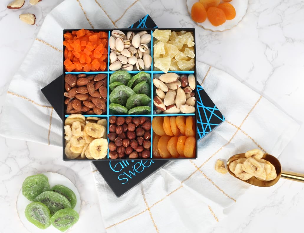 Dried Fruit and Nuts Gift Box - Gourmet Fruit and Nut Gift Basket - Healthy Food Gifts Tray for Men/Women - Birthday, Anniveraty, Easter, Sympathy, Care Package, Get Well