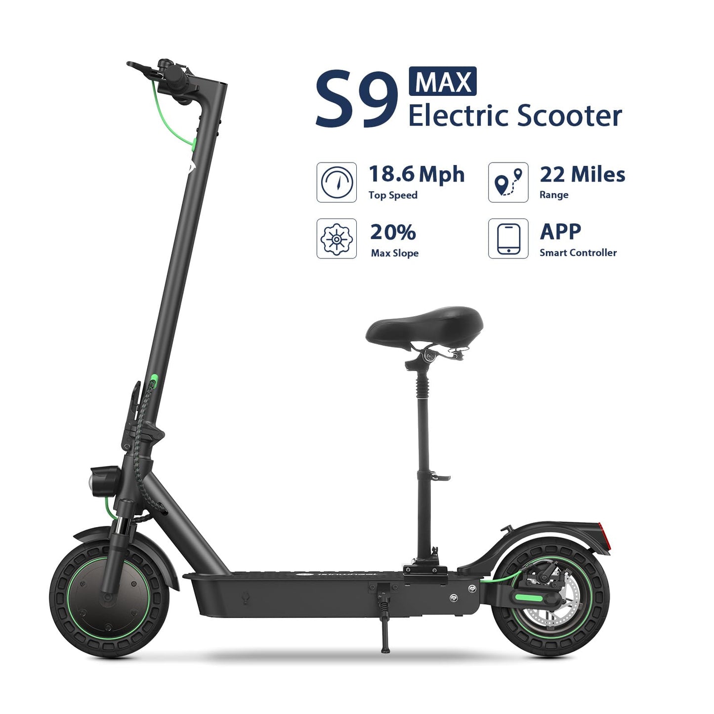 isinwheel S9 Max Electric Scooter with Seat,22 Miles Long Range and 18.6 MPH Portable Folding Commuting Scooter for Adults, Dual Suspension & Brakes, App and Scooter Bag