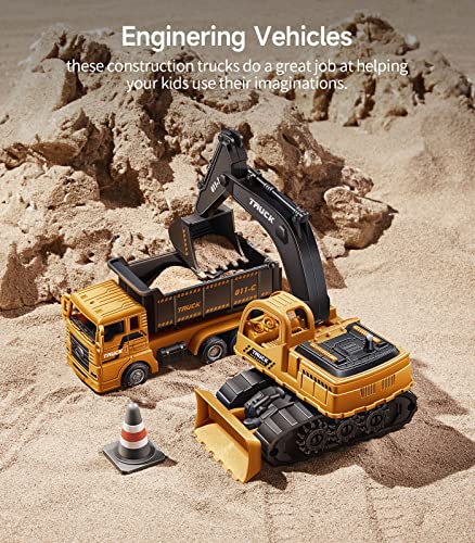 Construction Trucks Toy Set, Geyiie Construction Vehicles Site for Kids Engineering Toys Playset for Boys Girls, Pull Back Cars Excavator Tractor Bulldozer Dump Sand Toys Gifts for Party Favor