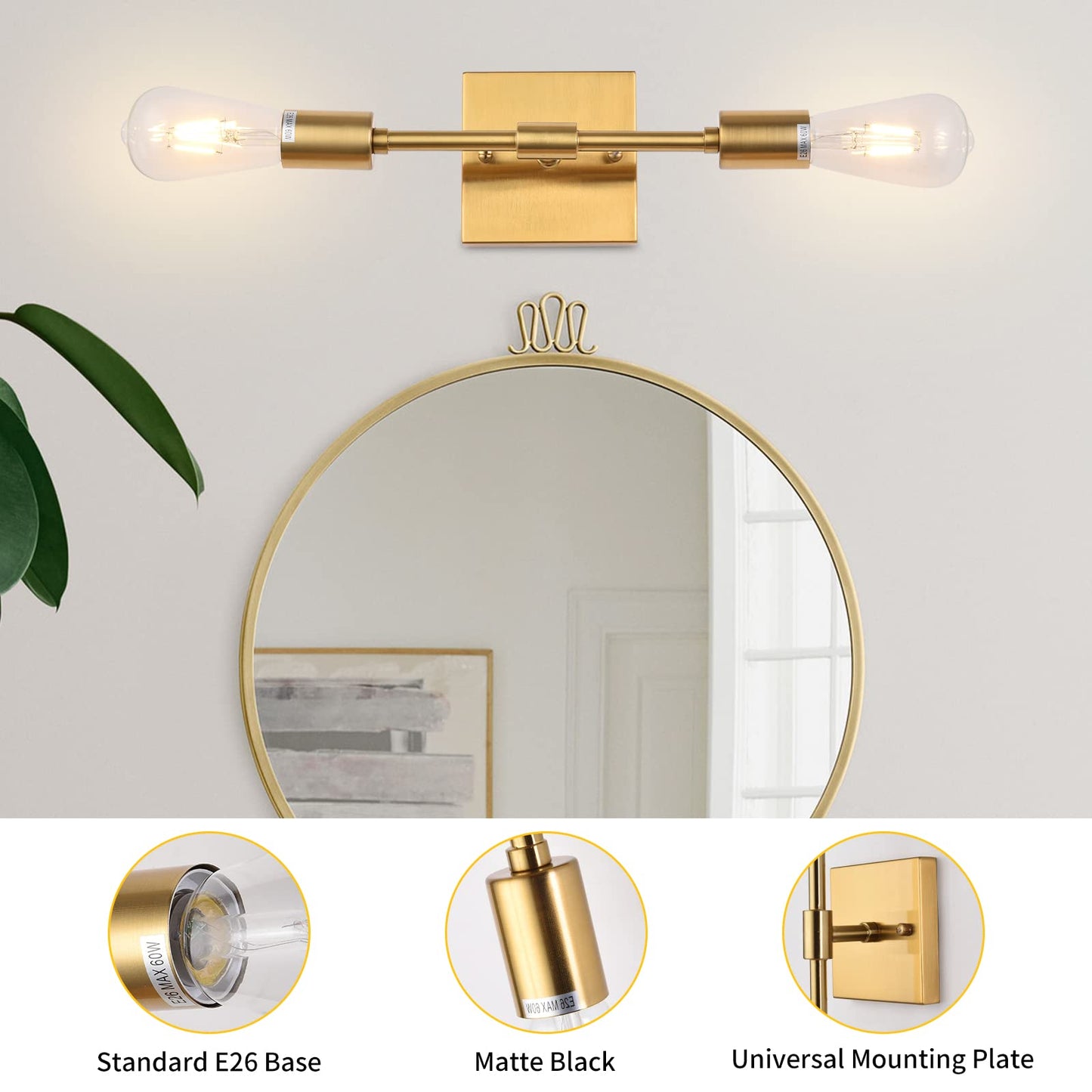 Lanhall Gold Bathroom Light Fixtures, 2 Light Mid Century Modern Bathroom Vanity Lighting Brushed Brass Wall Sconce Lights for Bathroom, Mirror, Bedroom, Living Room, Hallway, Entryway E26 Base